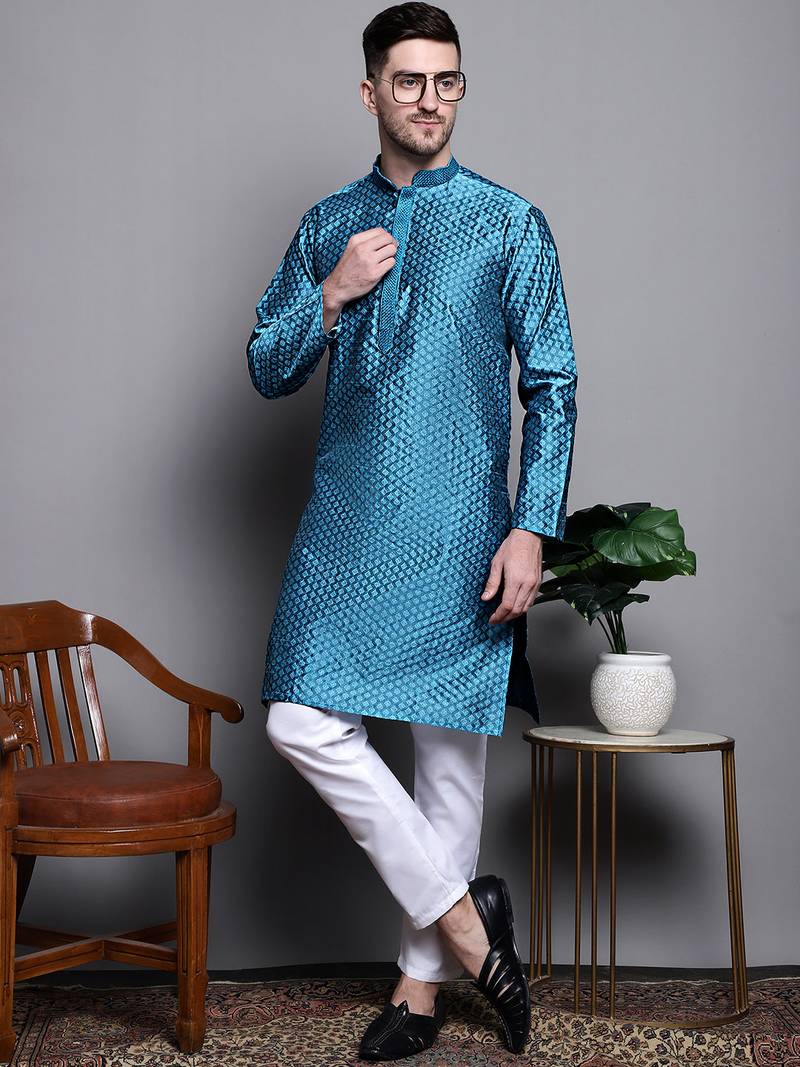 Men blue woven silk blend kurta pajama