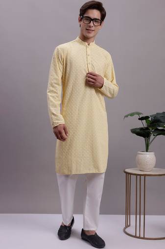 Men yellow embroidered cotton kurta pajama