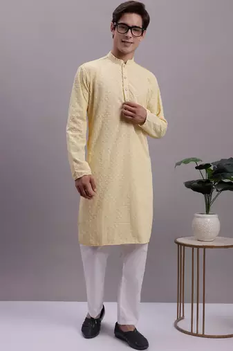 Men yellow embroidered cotton kurta pajama