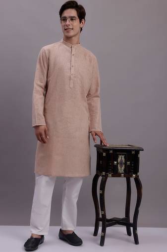 Men beige solid cotton kurta pajama