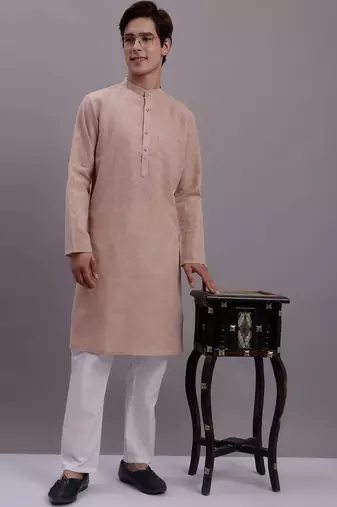 Men beige solid cotton kurta pajama