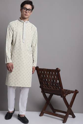 Men yellow embroidered cotton kurta pajama