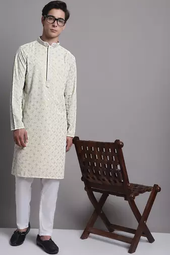 Men yellow embroidered cotton kurta pajama