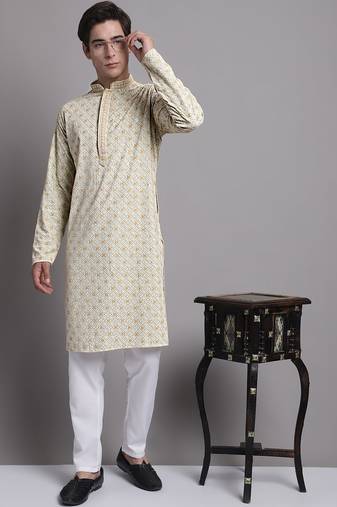 Men green embroidered cotton kurta pajama