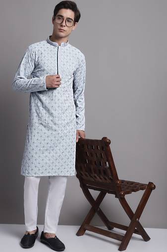 Men blue embroidered cotton kurta pajama