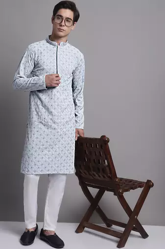 Men blue embroidered cotton kurta pajama