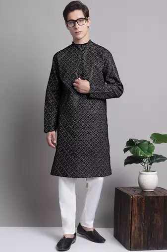 Men black printed cotton kurta pajama