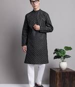 Men black printed cotton kurta pajama