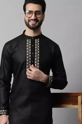 Men black embroidered cotton kurta pajama