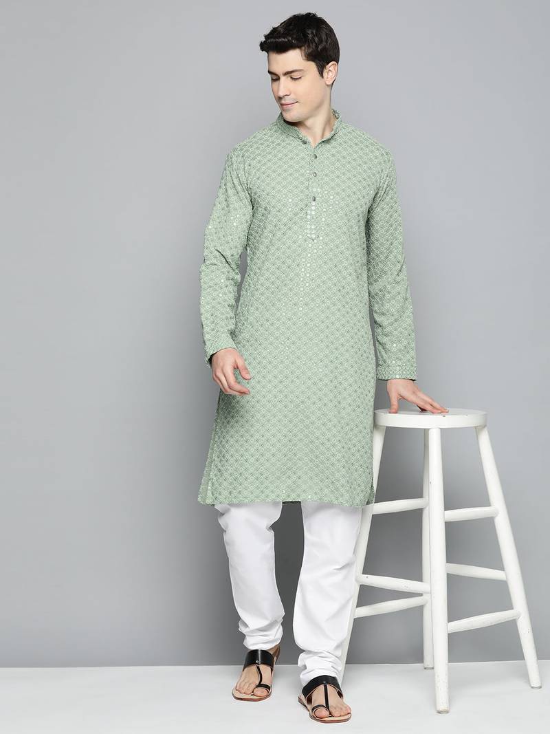 Men green embroidered viscose rayon kurta pajama