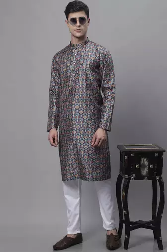 Men blue printed silk blend kurta pajama