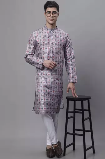 Men blue printed silk blend kurta pajama