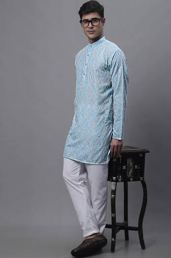 Men blue embroidered cotton kurta pajama