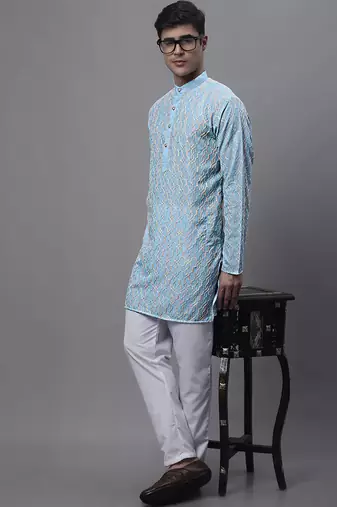 Men blue embroidered cotton kurta pajama