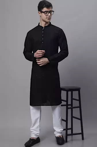 Men black embroidered cotton kurta pajama