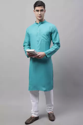 Men green solid cotton kurta pajama