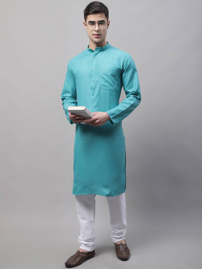 Men green solid cotton kurta pajama