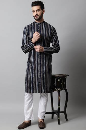 Men blue printed cotton kurta pajama