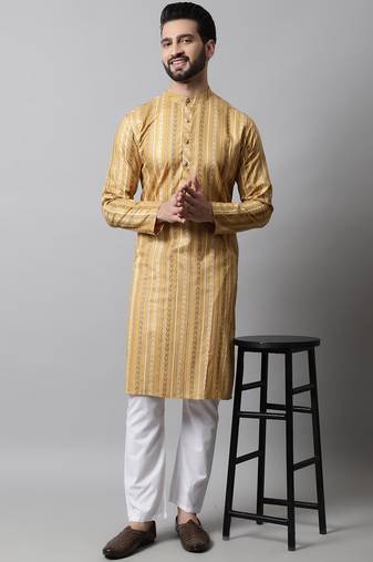 Men beige printed cotton kurta pajama