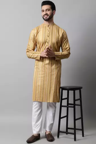 Men beige printed cotton kurta pajama