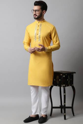 Men yellow embroidered cotton kurta pajama