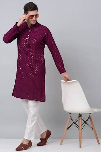 Men purple embroidered cotton kurta pajama