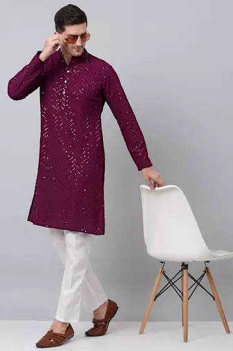 Men purple embroidered cotton kurta pajama