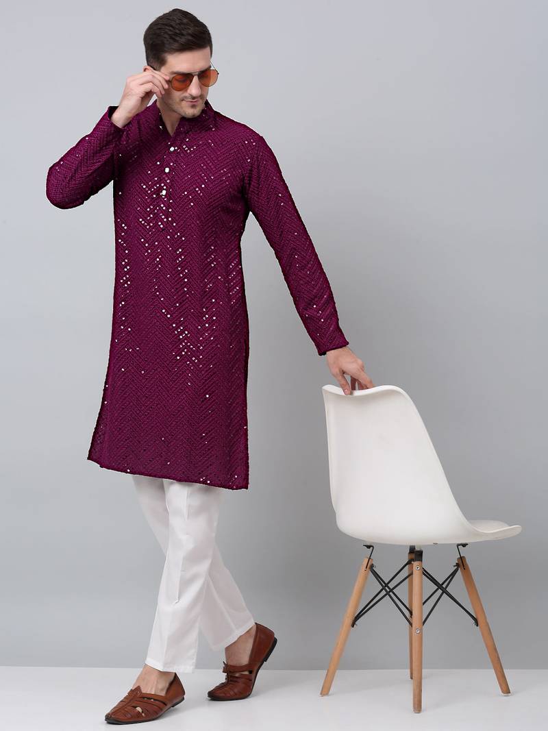 Men purple embroidered cotton kurta pajama
