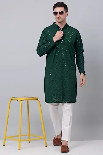 Men green embroidered cotton kurta pajama