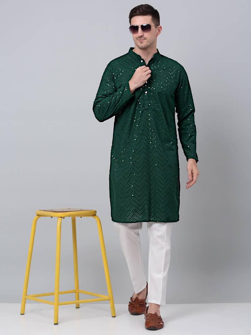 Men green embroidered cotton kurta pajama