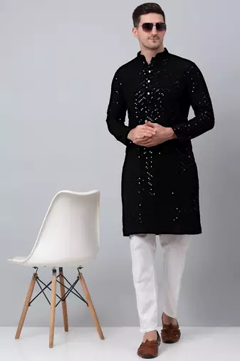 Men black embroidered cotton kurta pajama