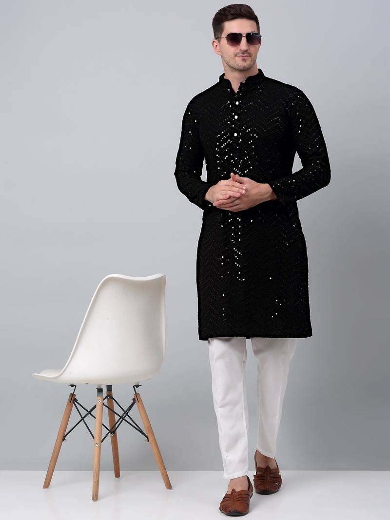 Men black embroidered cotton kurta pajama
