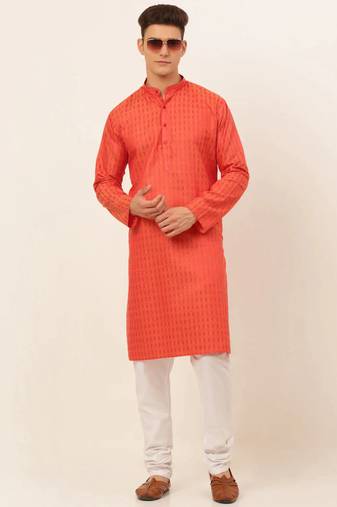 Men red woven blended cotton kurta pajama