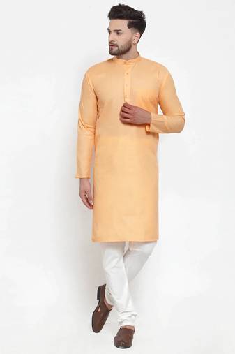 Men orange solid cotton kurta pajama
