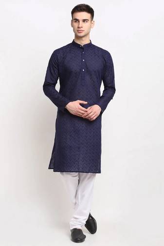 Men blue solid blended cotton kurta pajama