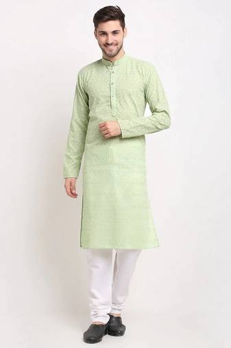 Men green solid blended cotton kurta pajama