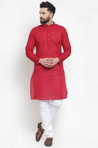 Men maroon solid blended cotton kurta pajama