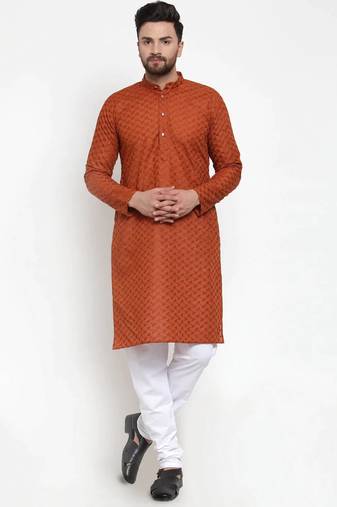 Men brown solid blended cotton kurta pajama
