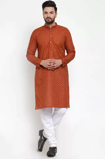 Men brown solid blended cotton kurta pajama