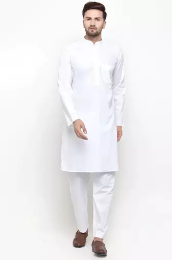 Men white solid cotton kurta pajama