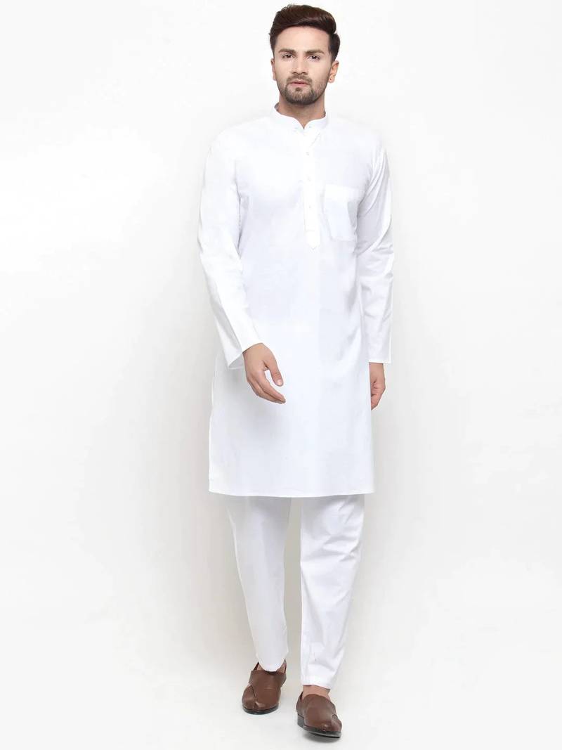 Men white solid cotton kurta pajama