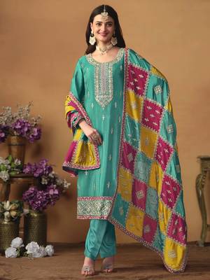Teal green chinon silk heavy thread embroidery with sequis work salwar kameez 1