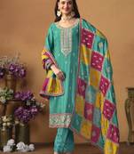 Teal green chinon silk heavy thread embroidery with sequis work salwar kameez