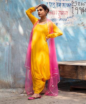 Alphanso yellow gown with fuchsia cape 1