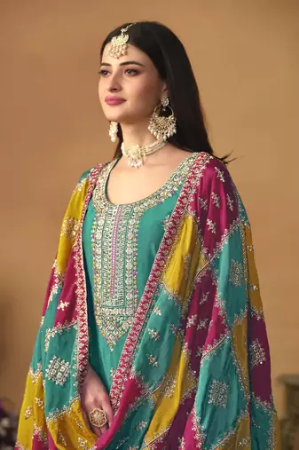 Teal green chinon silk heavy thread embroidery with sequis work salwar kameez