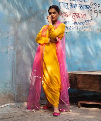 Alphanso yellow gown with fuchsia cape 2