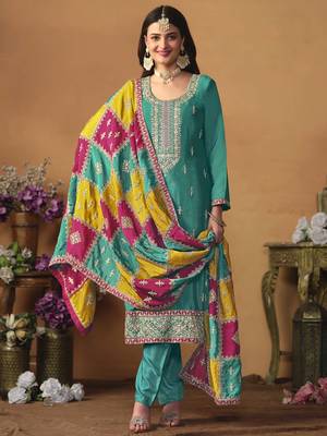 Teal green chinon silk heavy thread embroidery with sequis work salwar kameez 3