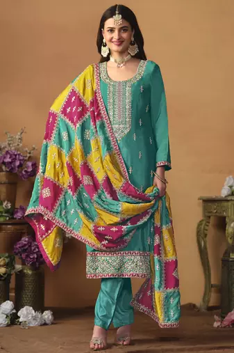 Teal green chinon silk heavy thread embroidery with sequis work salwar kameez