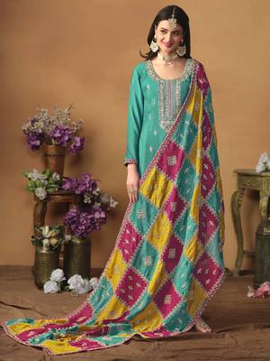 Teal green chinon silk heavy thread embroidery with sequis work salwar kameez 4