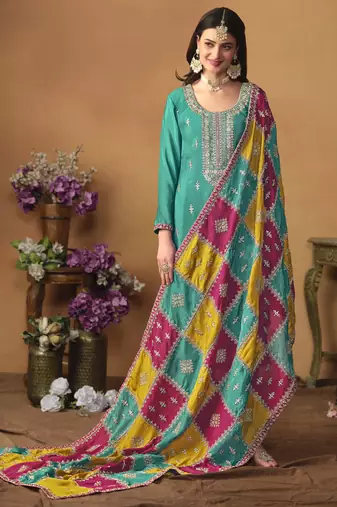 Teal green chinon silk heavy thread embroidery with sequis work salwar kameez